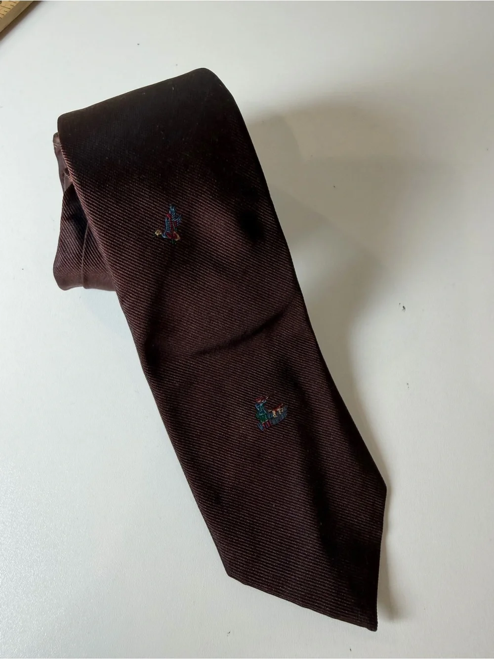 Polo Ralph Lauren Brown Silk Tie Embroidered  Hunting Pheasant Pattern Preppy